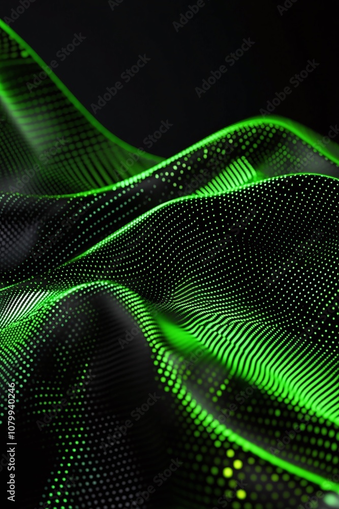 Poster abstract green wave pattern on black background with dots and curves capturing the essence of modern