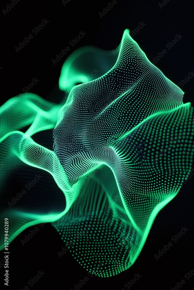 Poster abstract green wave of particles flowing elegantly in a dark space, representing technology, innovat