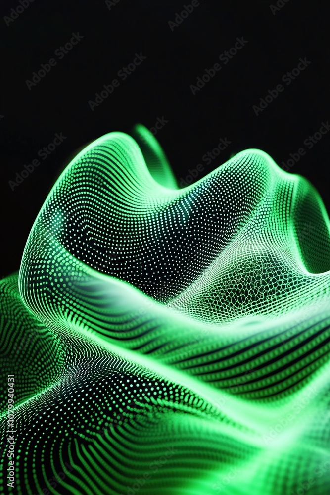 Poster abstract green wave pattern with dots and curves on a black background representing digital concepts