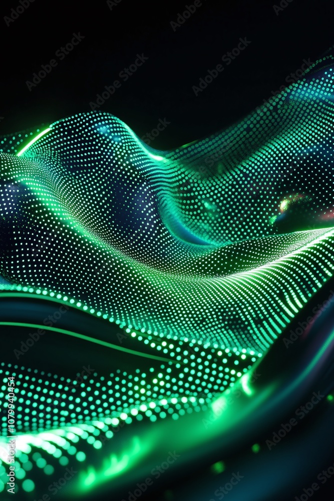 Poster abstract green wave pattern with dots and lights creating a digital and futuristic landscape in a da