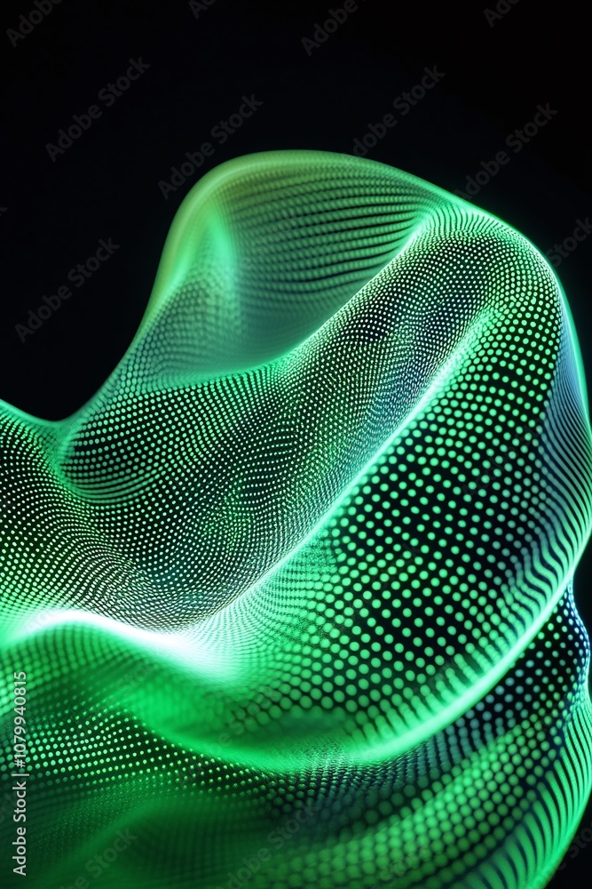 Poster abstract green wave with dots in motion creating a fluid and dynamic visual on a black background, i