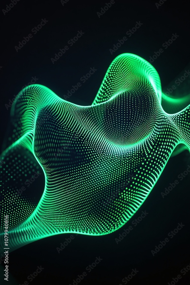 Poster abstract green wave with dots on black background representing digital technology and flowing motion