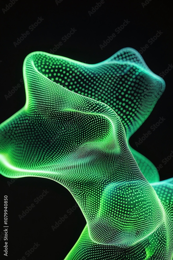 Poster abstract green wave with flowing forms and dotted patterns against a black background, showcasing th