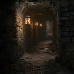 Obraz premium Illustration Dark Stone Tunnel Lanterns Path Background