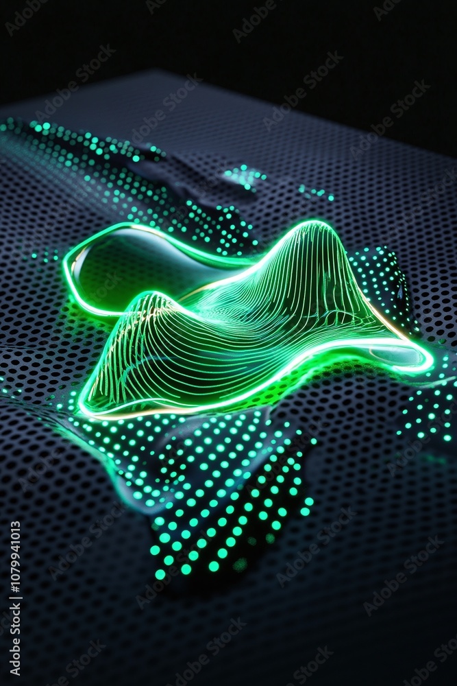 Poster Abstract Green Waveform Visualizing Sound Waves on a Textured Surface with Neon Glow, Representing Data, Technology, and Innovation in Digital Art