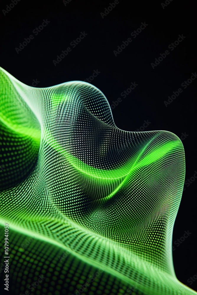 Poster abstract green waves with digital matrix effect creating a futuristic appearance on a dark backgroun