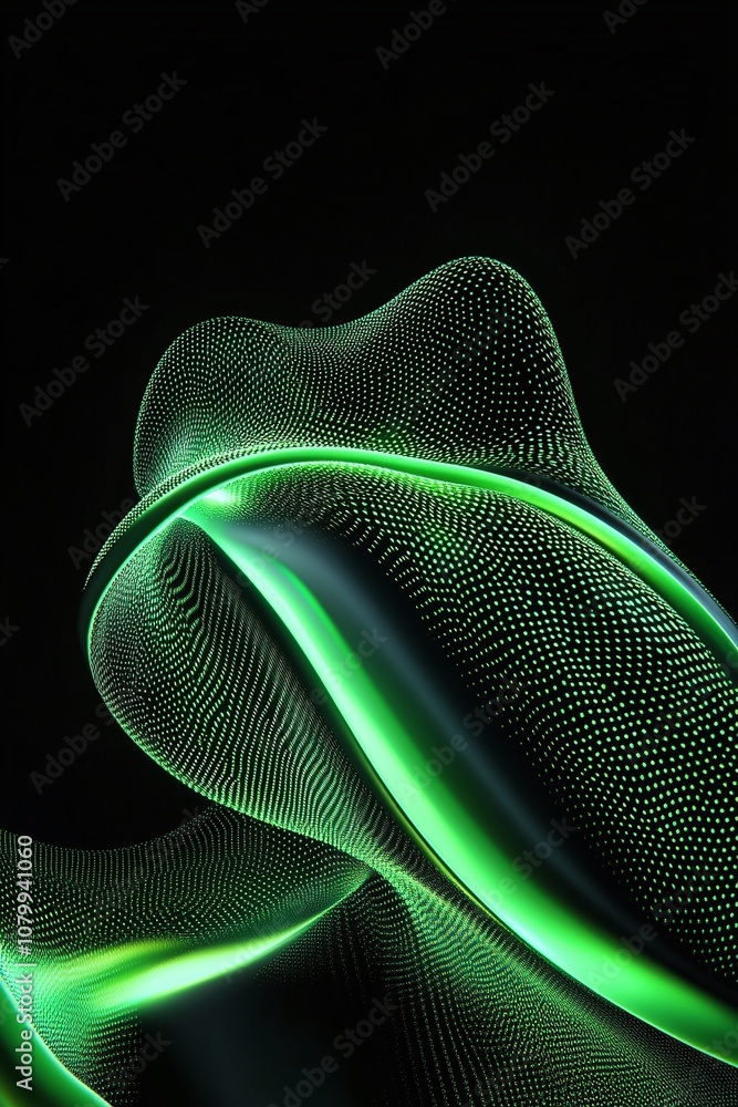 Poster abstract green waves with digital dots flowing in a dark space creating a futuristic and hypnotic vi
