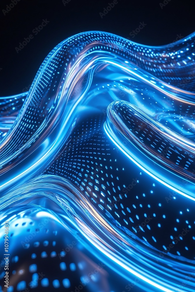 Poster Abstract illustration of flowing waves with luminous blue light patterns in a dark backdrop representing modern technology and digital aesthetics