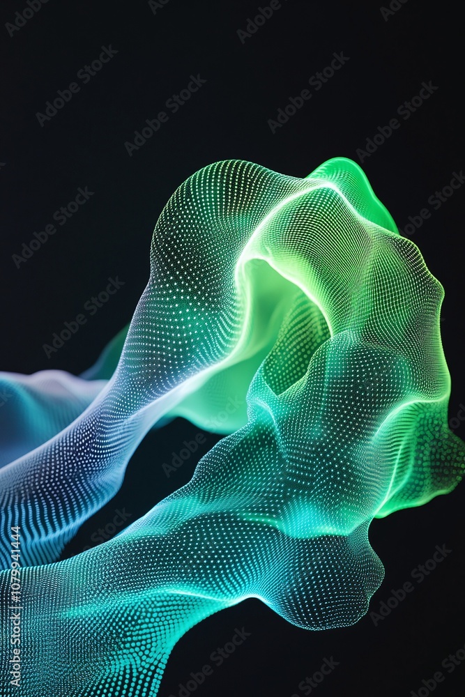 Poster abstract illustration of fluid waves in vibrant green and blue color palette with dynamic shape and 