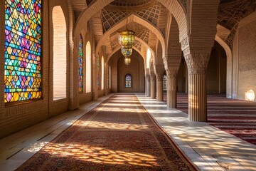 Obraz premium Sunlit Corridor in Historical Building with Vibrant Stained Glass Windows