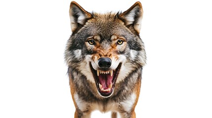 Front view of angry wolf  face and mouth open.