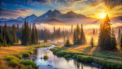 Fototapeta premium Golden Dawn Illuminates Misty Valley with Serene River Flowing Through Pine Trees and Majestic Mountain Range in the Background