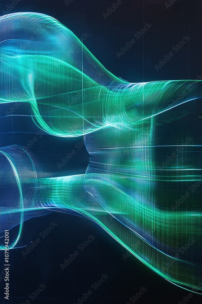 Poster abstract light waves flowing through digital space with gradients of blue and green, creating a stun