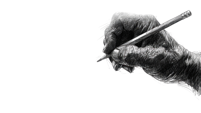 Hand with pen writing on white transparent background
