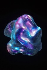 Abstract luminous 3D shape with colorful glowing patterns on a dark background showcasing vibrant hues of blue, purple, and pink in a dynamic visual representation.