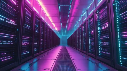 Fototapeta premium A cyberpunk-inspired server room with neon lights illuminating the racks, digital data streams visible as glowing lines flowing through the cables, futuristic vibe
