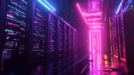A cyberpunk-inspired server room with neon lights illuminating the racks, digital data streams visible as glowing lines flowing through the cables, futuristic vibe
