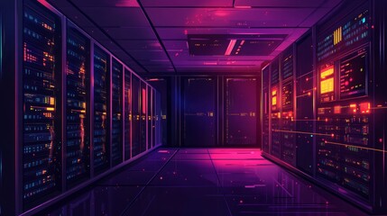 A cyberpunk-inspired server room with neon lights illuminating the racks, digital data streams visible as glowing lines flowing through the cables, futuristic vibe
