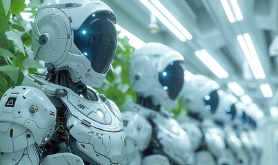 In a cutting-edge indoor vertical farm, automated robots efficiently tend to vibrant crops under optimized lighting, illustrating the future of smart agriculture