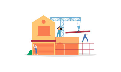 Building house process at construction site, work with floor plan illustration