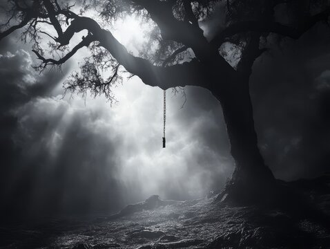 A dark, misty landscape with an old tree, ominously hanging shadows representing the lives lost to lynching, while a beam of light breaks through the clouds