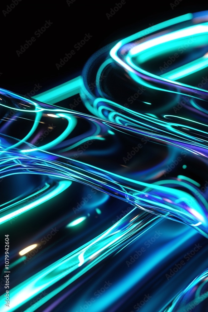 Poster abstract neon light patterns in fluid motion with vibrant blue and teal hues creating a modern and h