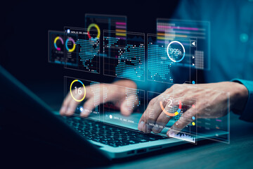 Working Data Analytics and Data Management Systems and Metrics connected to corporate strategy database for Finance, Intelligence, Business Analytics with Key Performance Indicators, social network