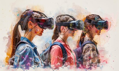 In a creative educational environment, students don virtual reality headsets, interacting with a digital teacher and immersive learning tools, revolutionizing education