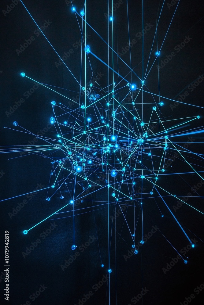 Poster abstract network of glowing blue lines and dots on a dark background, representing digital connectiv