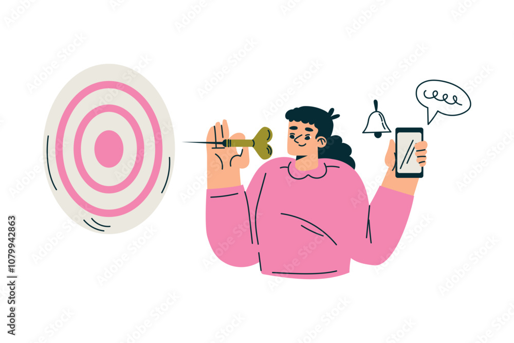 Poster productive workflow with woman target at dartboard managing task vector illustration