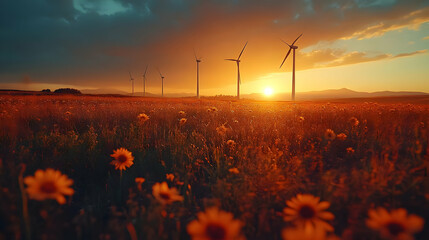 Sunset Windmills in a Field of Flowers - Realistic Landscape Image