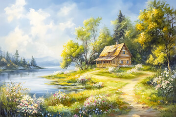 Scenic Summer Artwork of an Old Wooden House by the River with Blooming Flowers and Lush Trees