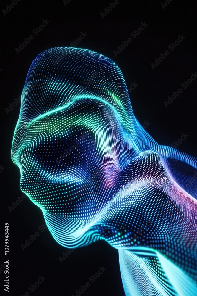 Poster abstract representation of a human figure created with vibrant colored dots and lines, forming a stu