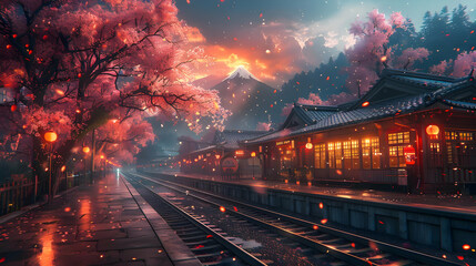 Japanese Train Station Illustration with Cherry Blossoms