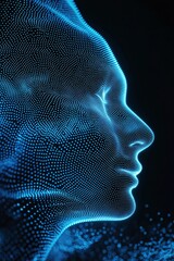 Abstract Representation of a Human Face Constructed from Glowing Dots Conveying Digital Modernity and Futuristic Aesthetics Against a Dark Background