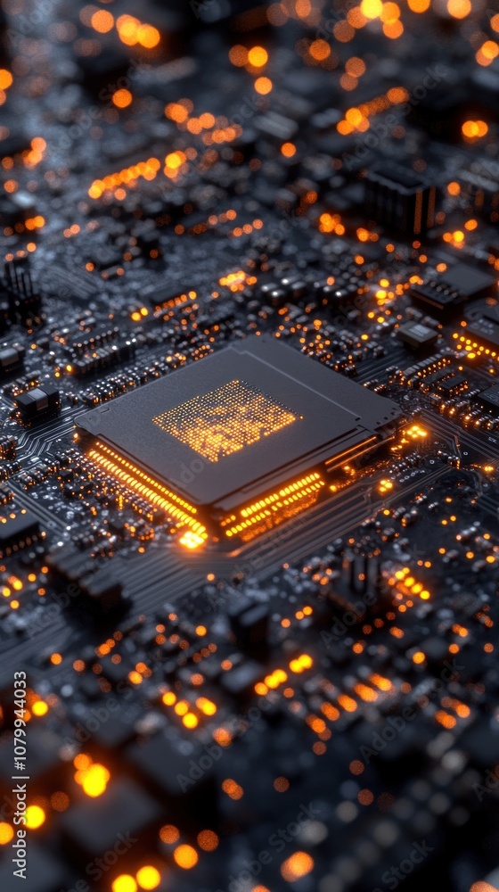Poster close-up of a circuit board with glowing components.