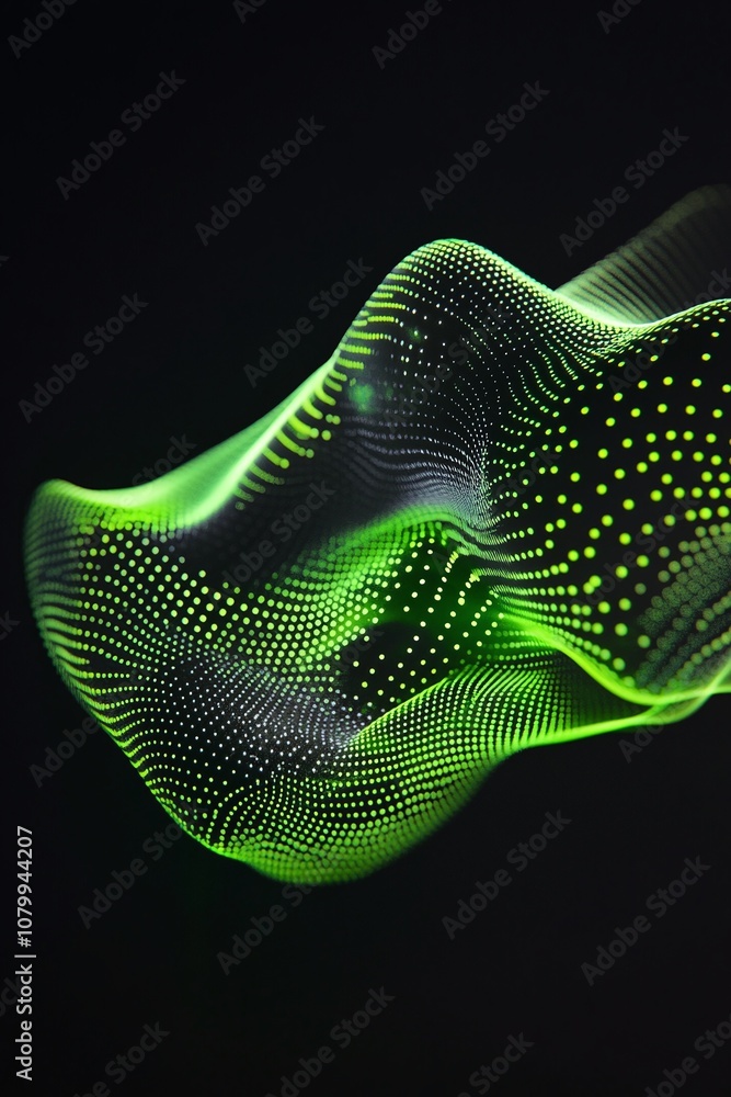 Poster abstract representation of flowing green particles with dot patterns and fluid motion against a dark