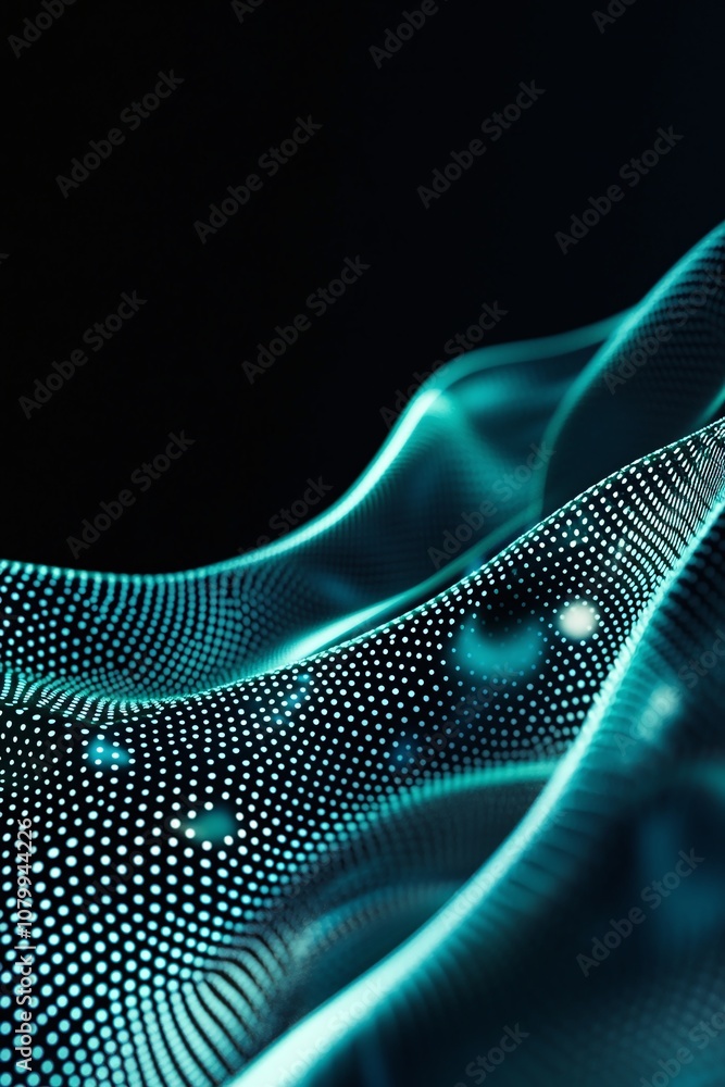 Poster abstract representation of fluid waves with a digital texture in shades of blue and turquoise, illus