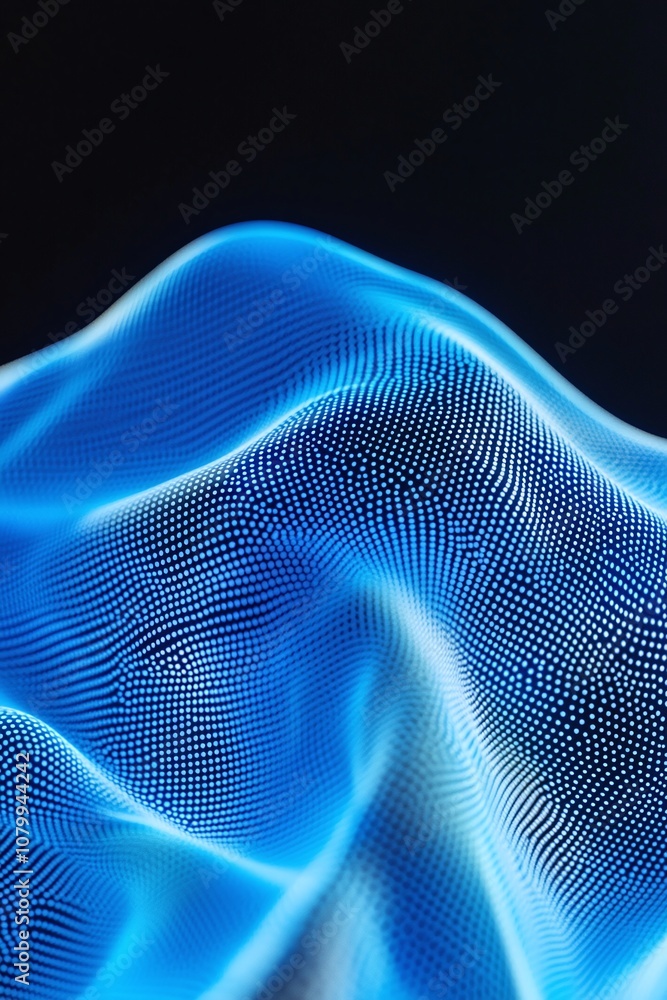 Poster abstract representation of fluid motion with blue digital waves and dots creating a dynamic backgrou