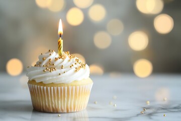 Festive Cupcake with Candle and Bokeh Background