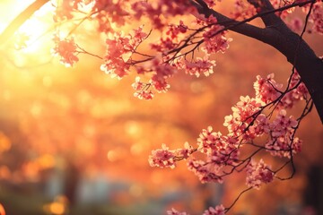 Pink cherry blossoms in sunset light.