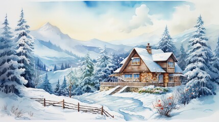 Fototapeta premium Watercolor illustration of a picturesque winter Christmas scene with a colorful house. Winter holiday New Year.
