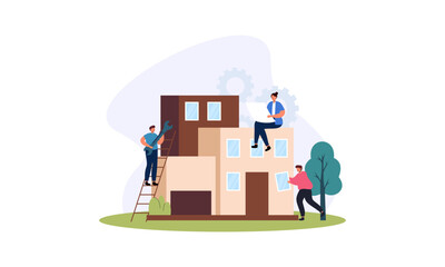 Obraz premium Building house process at construction site, work with floor plan illustration