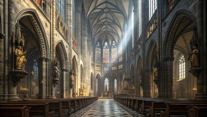 Fototapeta premium Massive Gothic Cathedral at Dawn, Arches, Stained Glass, Spires, Awe - inspiring Religious Grandeur.