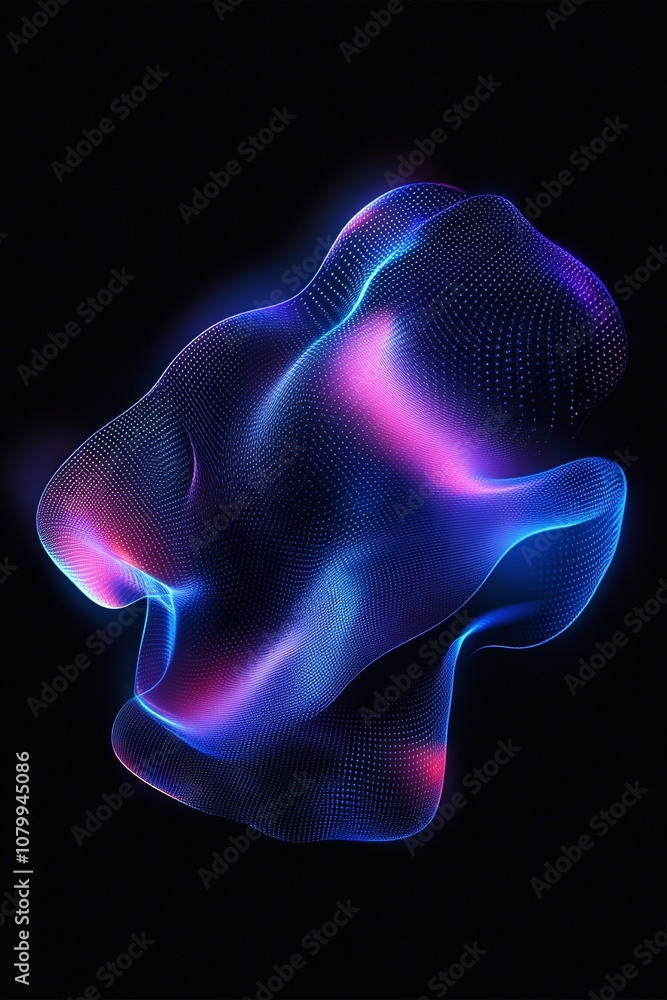 Poster Abstract shape with glowing blue and pink lines on a black background representing modern technology and digital innovation in an artistic way