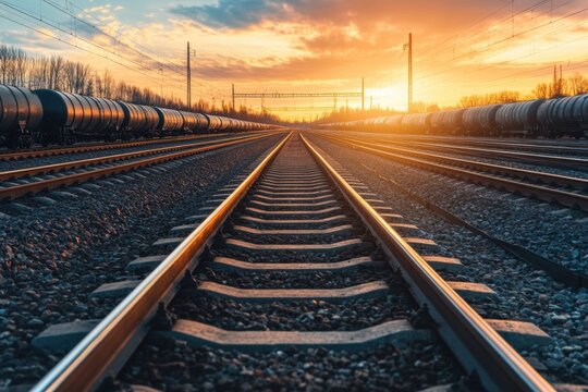 Railroad tracks extending towards a golden sunset.