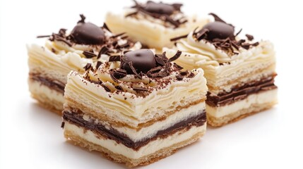 Delightful layered dessert featuring rich cream, chocolate shavings, and a luscious topping that creates a perfect treat for any occasion or celebration.