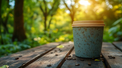 Fototapeta premium Blue Coffee Cup On Rustic Wooden Table With Scattered Coffee Beans Photo