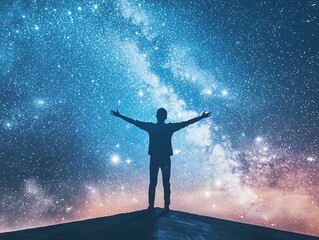 Obraz premium Silhouette of a Person Reaching for the Cosmos on a Starry Rooftop Symbolizing Dreams and Freedom