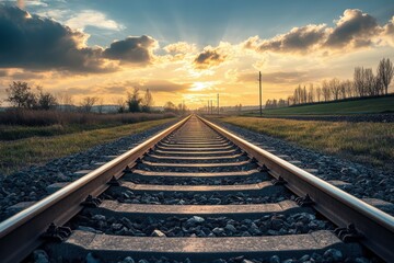 Obraz premium Railroad tracks leading to sunset with dramatic clouds.